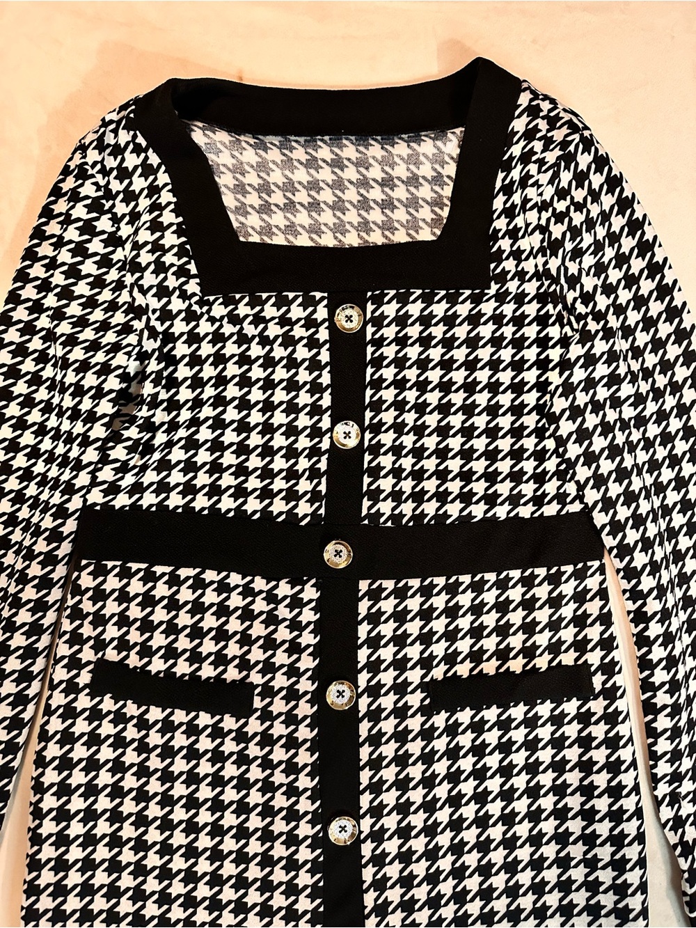 Houndstooth Midi Dress with Contrast Trim - Black/White - Picture 2 of 7